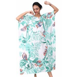 Indian Green Long Owl Bird Print Cotton Plus Size Maxi Women Cover Caftan Dress‎